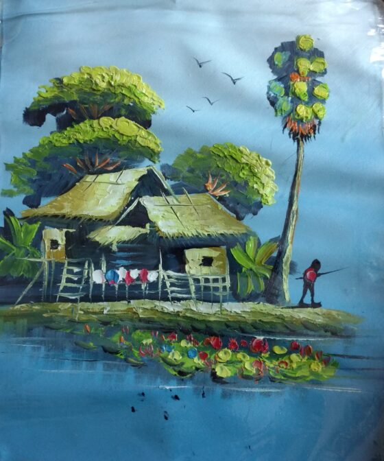 Green village house Khmer painting