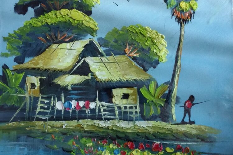 Green village house Khmer painting