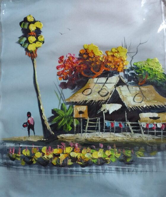 Sunset village house Khmer painting