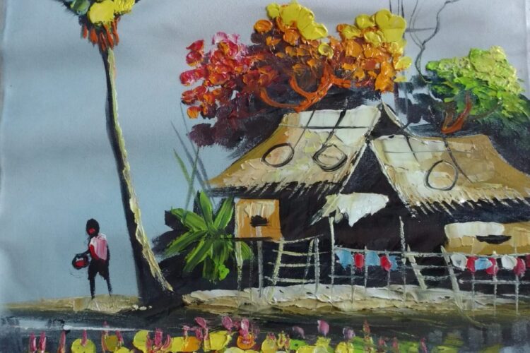 Sunset village house Khmer painting